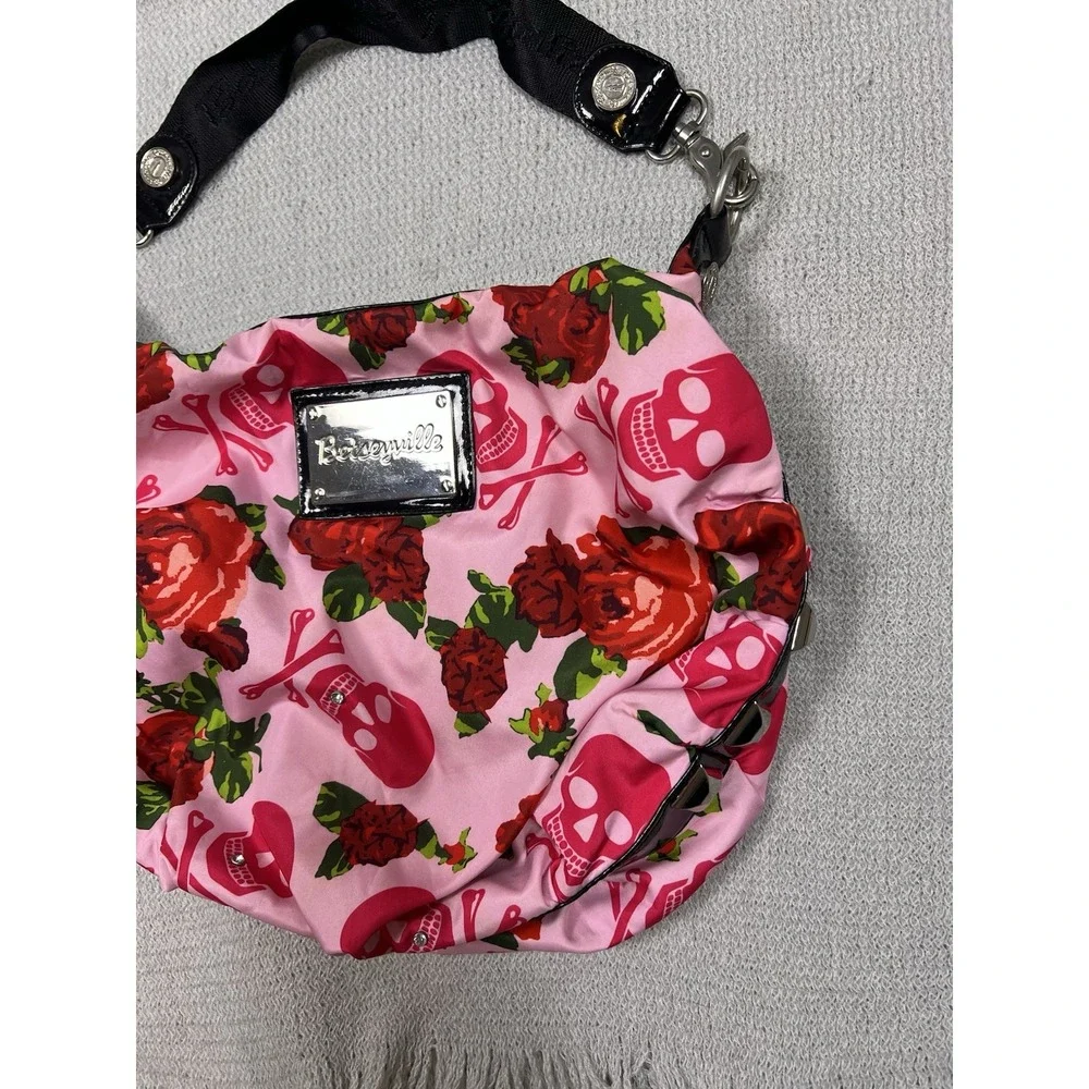Betseyville Pink Skull Rose Print Hobo Shoulder Bag Studded Accents Y2K Emo Goth